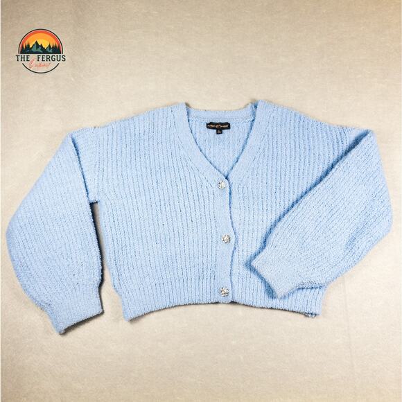 Almost Famous Ringtone Brooch Pastel Blue Trendy Crop Cable Knit Cardigan Sz L - Picture 2 of 11